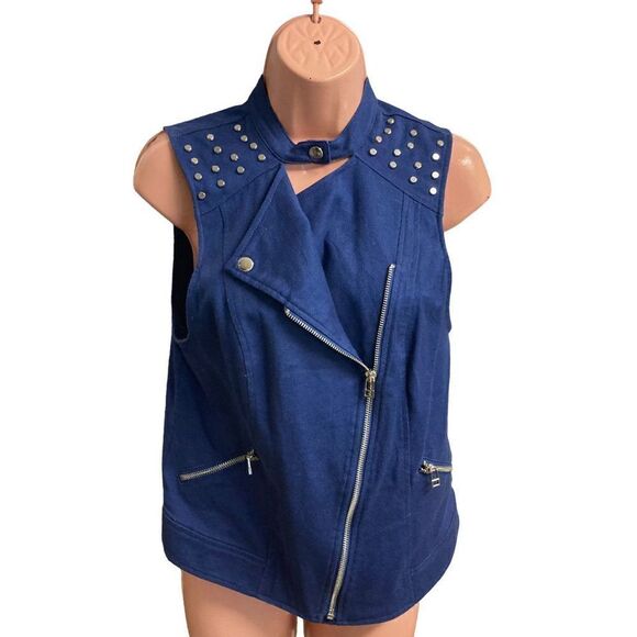 ROCK & REPUBLIC Women’s Blue Moto Studded Vest Size Medium - Picture 1 of 12